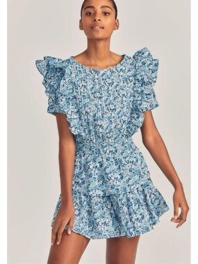 LoveShackFancy Light Blue Floral Ruffle Mini Dress